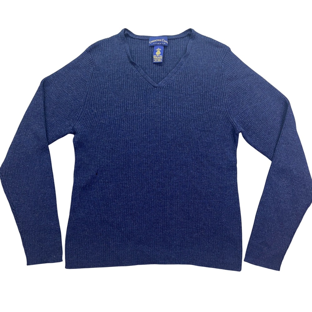 Charter Club Merino Wool V-Neck Sweater Ribbed Knit Pullover Blue‎ Large